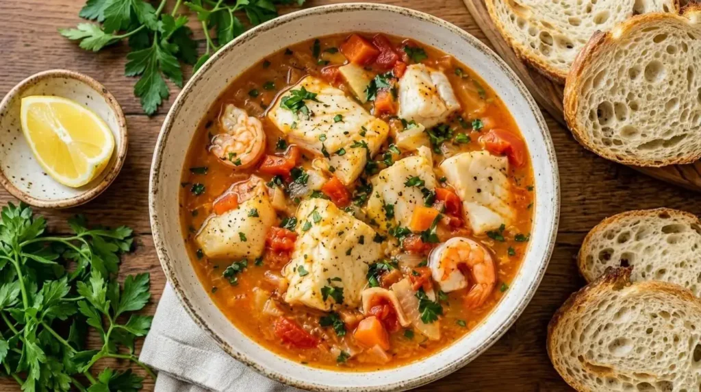 A bowl of Mediterranean-style Fish and Shrimp Stew filled with white fish, shrimp, and tomato broth as depicted in image