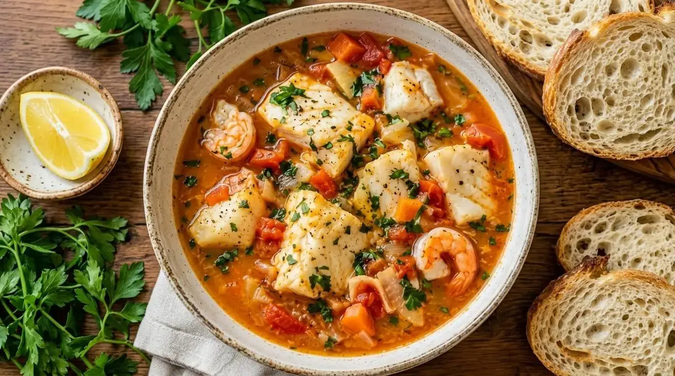 A bowl of Mediterranean-style Fish and Shrimp Stew filled with white fish, shrimp, and tomato broth as depicted in image