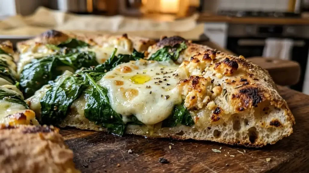 Macro close-up of melted mozzarella, crumbled feta, and garlic spinach on a baked flatbread.
