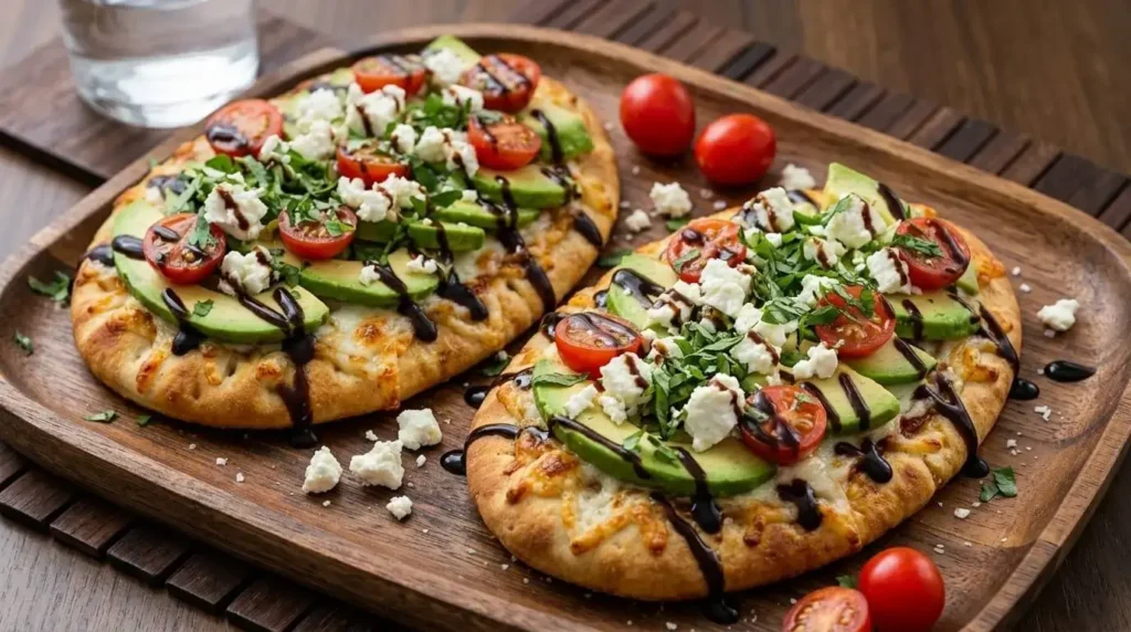 Golden toasted avocado cherry tomato and feta flatbread with melted cheese and balsamic glaze on a wooden board