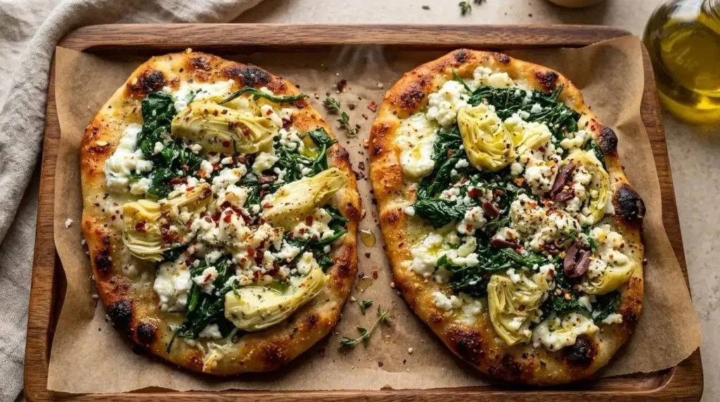 Freshly baked Spinach, Artichoke, and Feta Flatbread on parchment paper with charred edges and red pepper flakes.