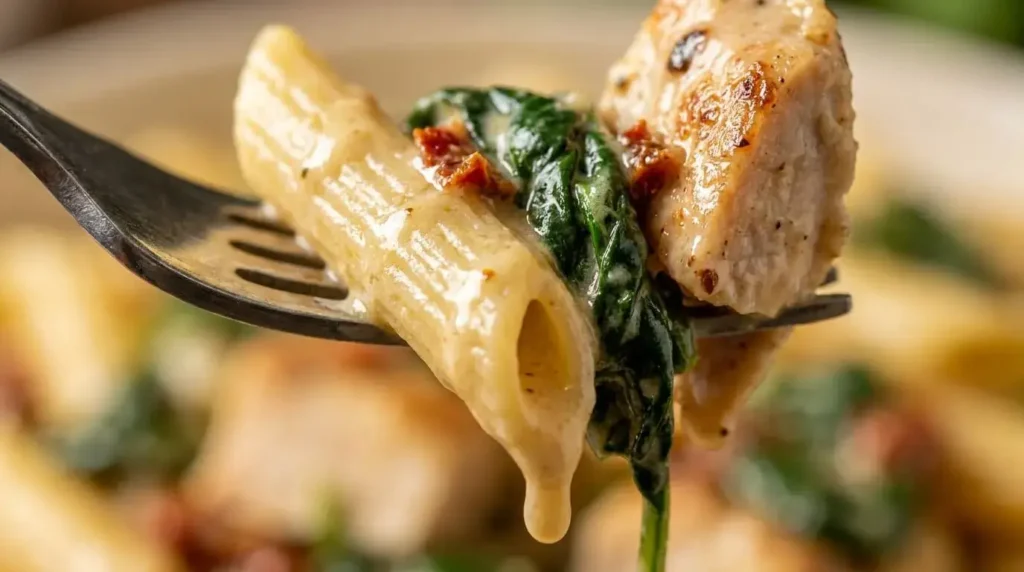 Close-up forkful of Creamy Chicken and Spinach Penne Pasta coated in glossy sauce.