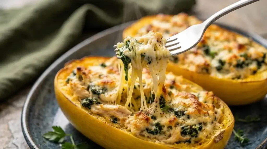 A close-up shot of a fork pulling a cheesy strand of chicken and spinach filling from a roasted spaghetti squash boat.