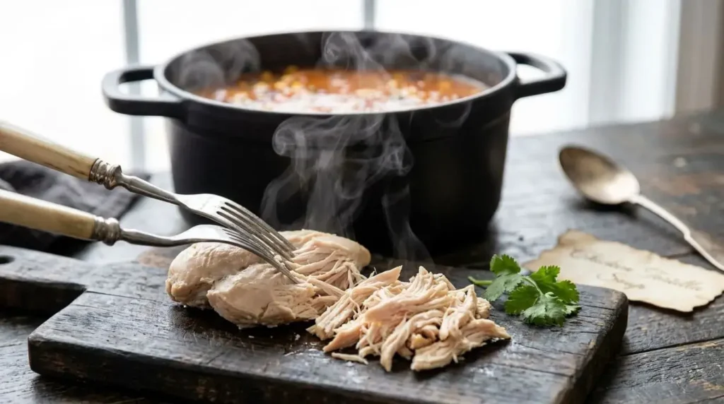 Two forks shredding tender poached chicken breast on a wooden cutting board next to a soup pot.