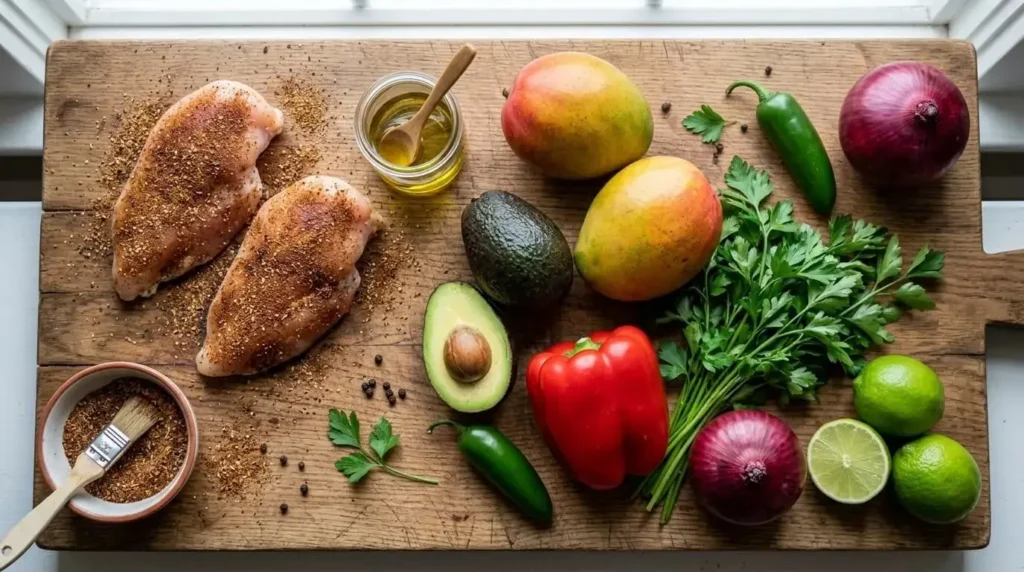 Ingredients for making Mediterranean grilled chicken with mango avocado salsa.