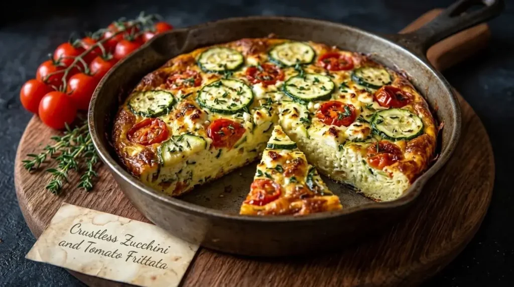 Freshly baked crustless zucchini and tomato frittata with feta and herbs served in a cast iron pan on a wooden board.