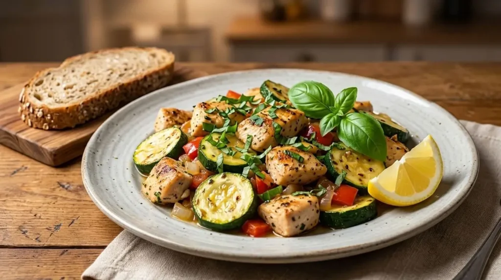 Plated garlic herb chicken with zucchini and tomatoes served alongside lemon wedges.