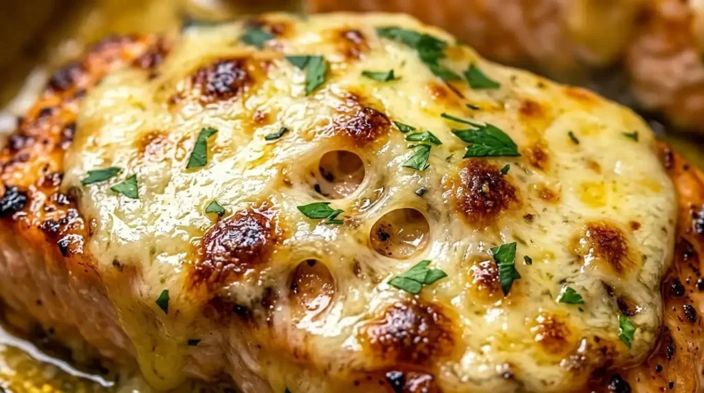 Macro shot of a thick, bubbling, golden-brown mozzarella and Parmesan cheese crust on a salmon fillet.