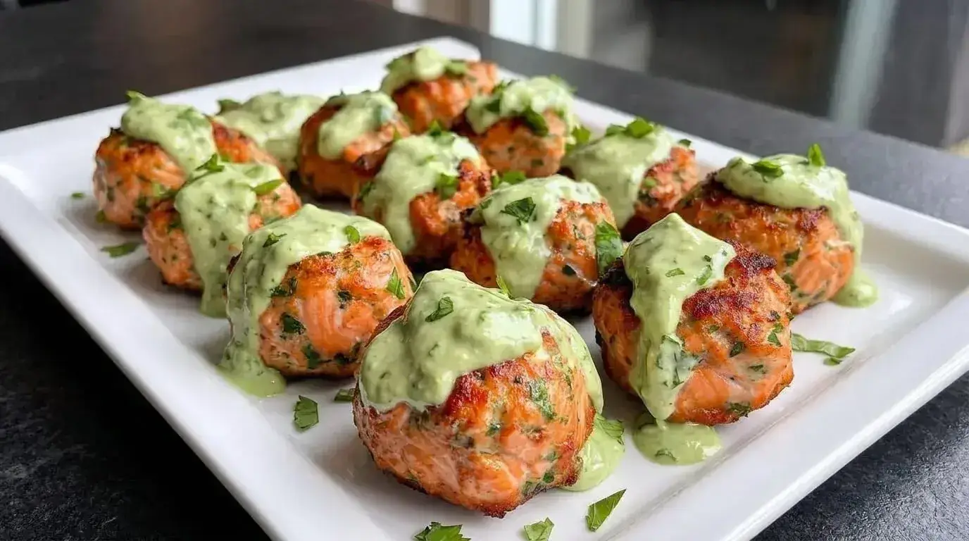 Baked Salmon Meatballs in a white tray.