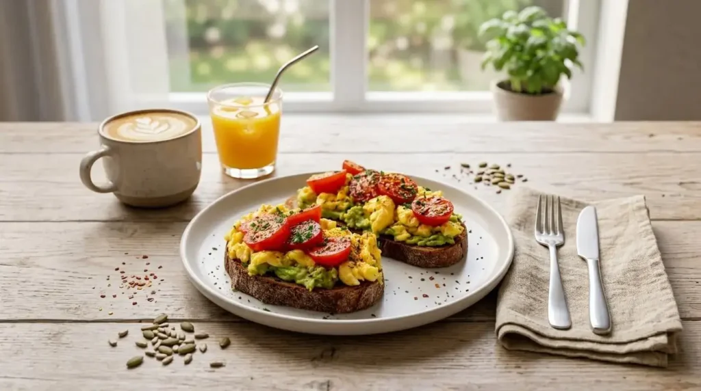 Avocado and Soft Scrambled Egg Toast Recipe in a plate.