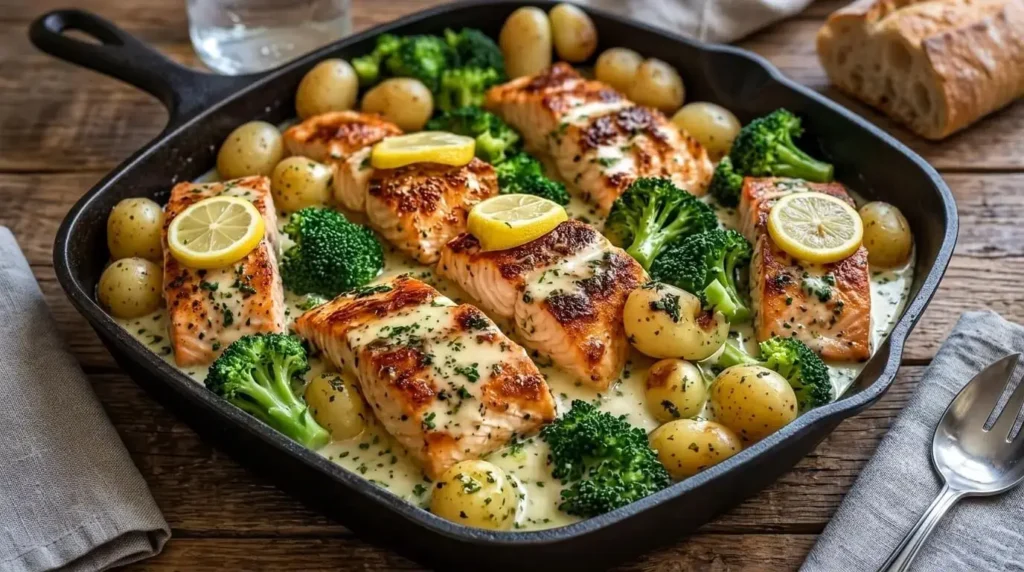 Lemon Butter Salmon with Crispy Potatoes and Broccoli in a pan.