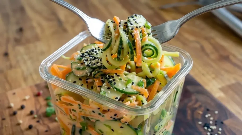 A fork lifting a bite of creamy sesame cucumber carrot salad garnished with black sesame seeds from a clear glass container.