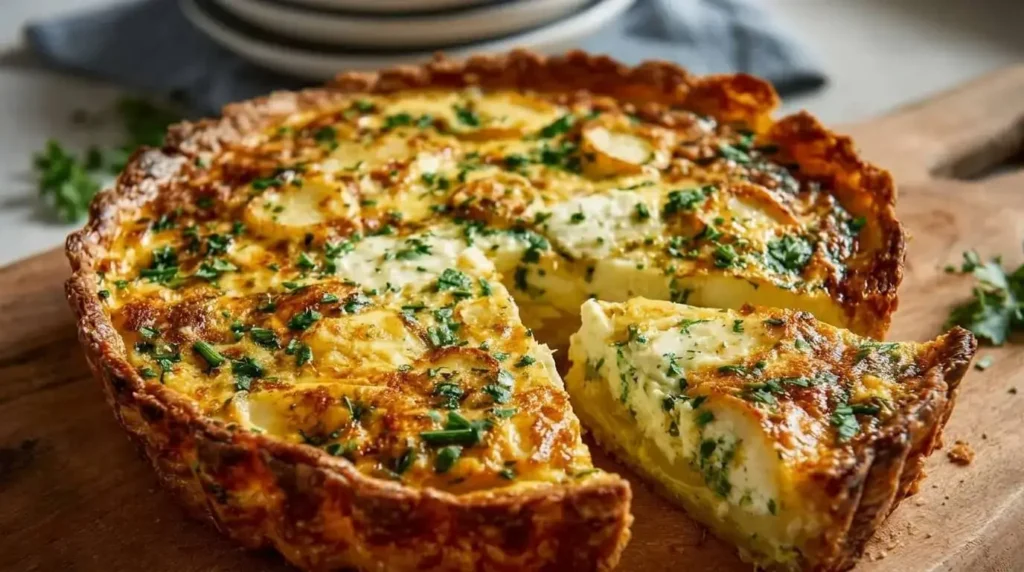 A tall, deeply browned flaky crust of a Goat Cheese, Potato, and Herb Quiche with visible potato layers and dollops of chèvre on a wooden board.