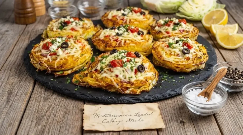 Oven-roasted Mediterranean loaded cabbage steaks with melted mozzarella, feta, cherry tomatoes, and black olives served on a slate platter.
