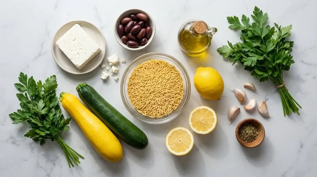 A flat-lay arrangement of raw ingredients including dry orzo, fresh zucchini, yellow squash, lemons, feta cheese, garlic, and extra virgin olive oil.