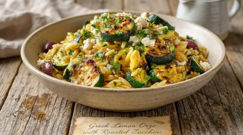 A rustic ceramic bowl filled with Greek Lemon Orzo with Roasted Zucchini, crumbled feta cheese, Kalamata olives, and fresh parsley on a wooden table.
