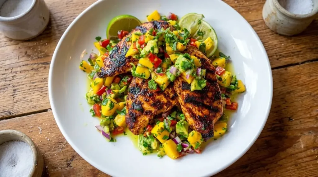 Grilled chicken breast with mango avocado salsa on a white plate.