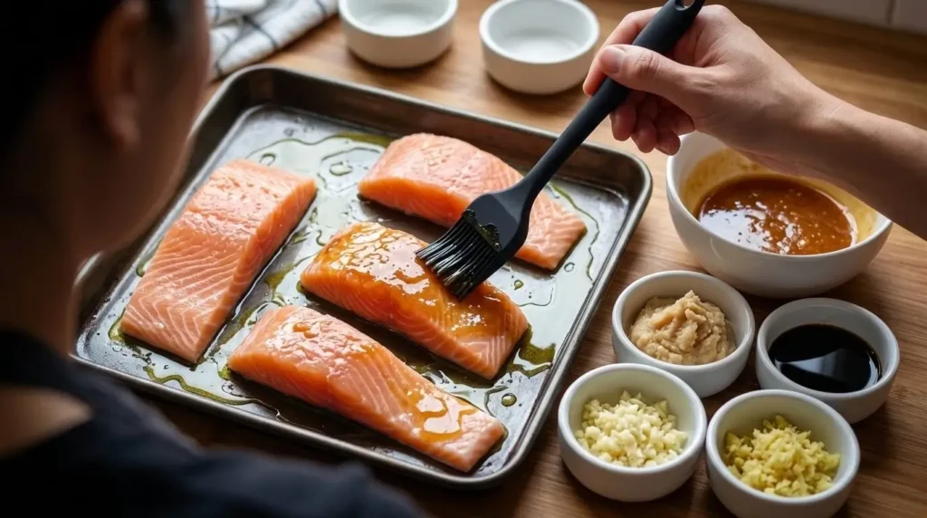 Brushing sweet chili white miso glaze onto raw center-cut salmon fillets on a baking tray.
