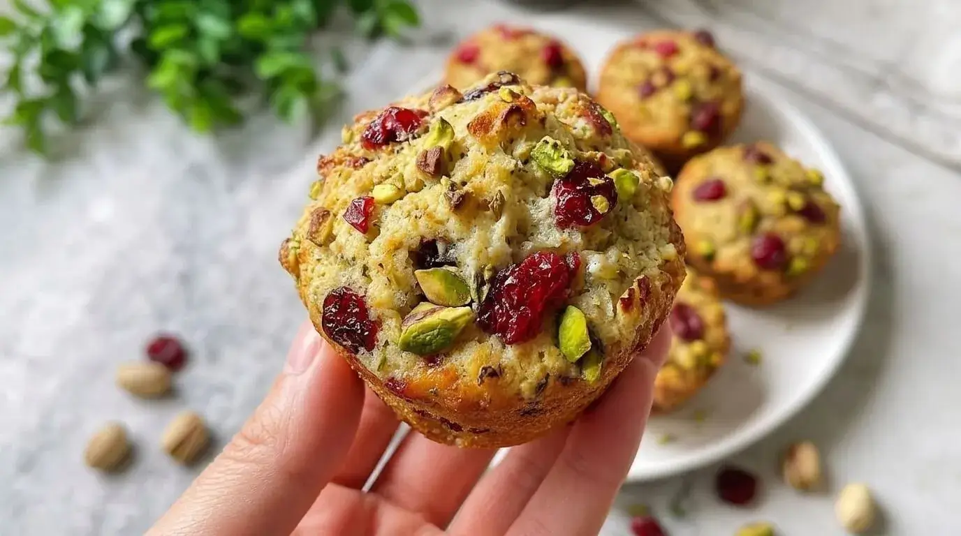A hand holding a delicious homemade No-Flour Pistachio Cherry Oat Muffin with fresh fruit and nuts on top.