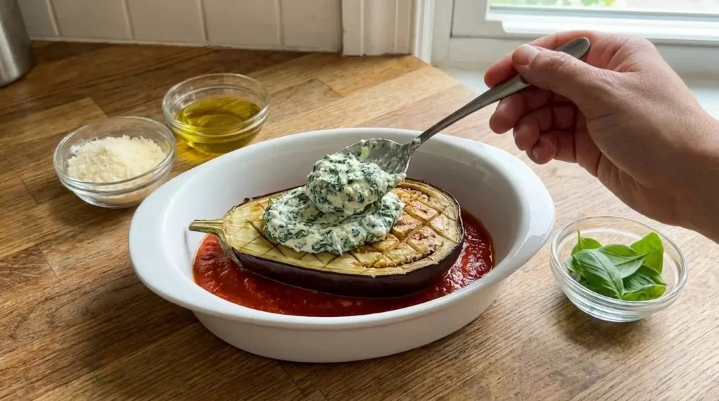 Scooping spinach and ricotta filling into a roasted eggplant boat cavity during preparation.