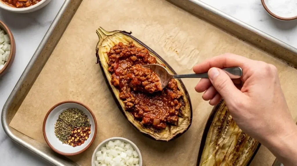 Preparing the filling for Mediterranean Turkish Stuffed Eggplant Boats on a baking tray.