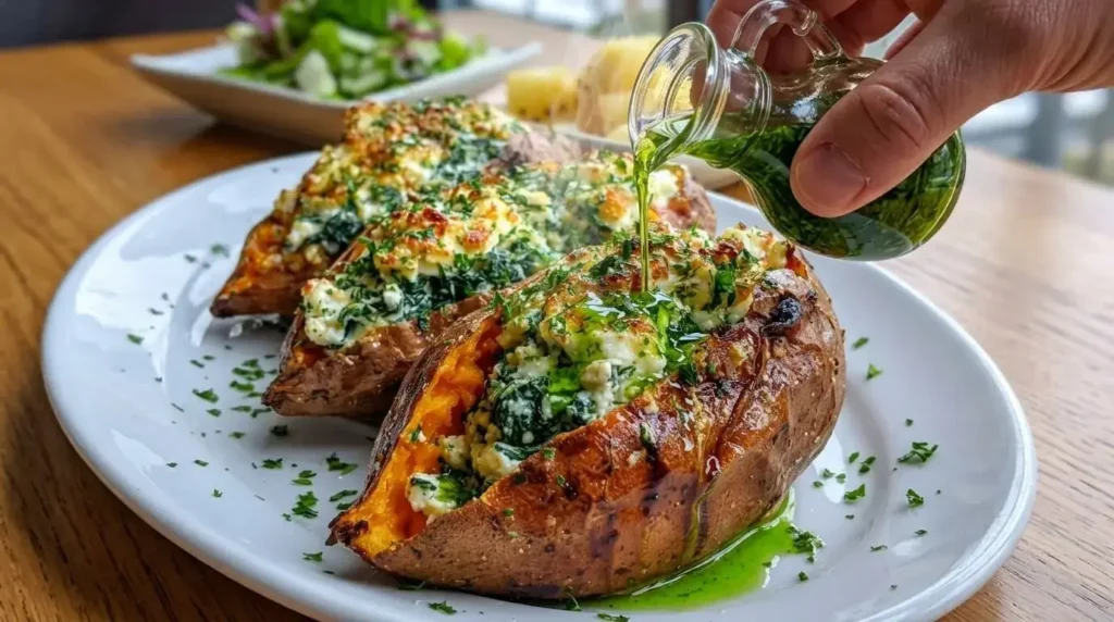 Pouring fresh herb oil over a stuffed sweet potato.