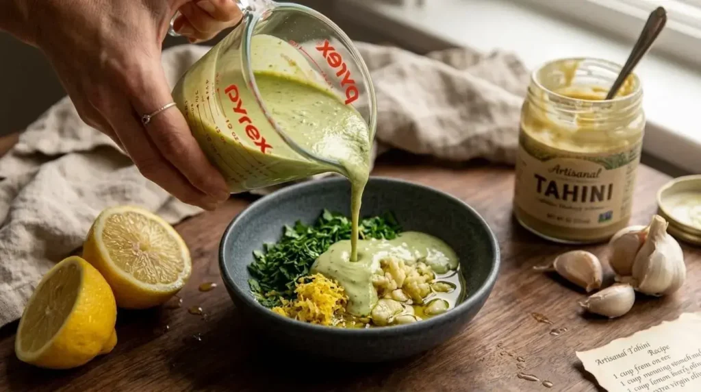 Fresh lemon juice, tahini, garlic, and parsley being whisked into a pale green dressing.