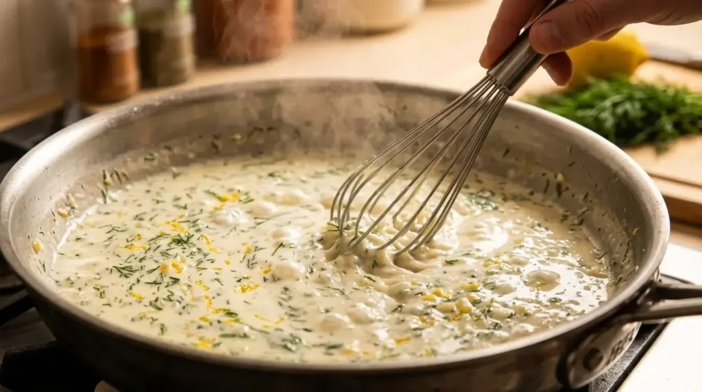 Whisking garlic, lemon, heavy cream, and fresh dill in a skillet to make a creamy lemon dill sauce.