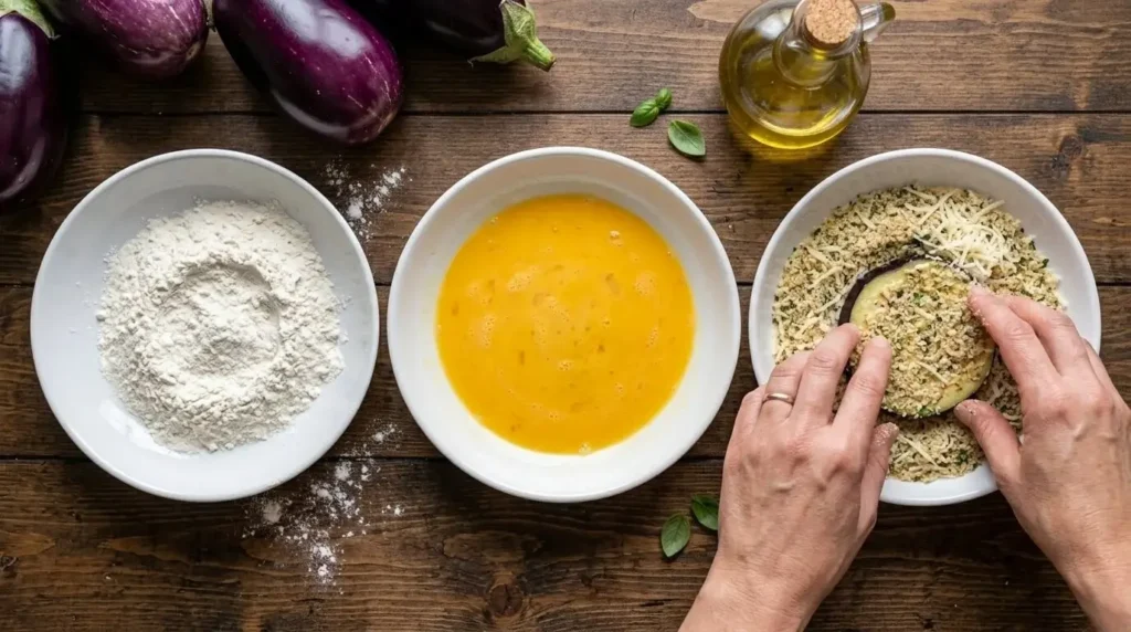 Step-by-step breading station line showing flour, beaten egg wash, and Italian cheese breadcrumbs for crispy eggplant coating.