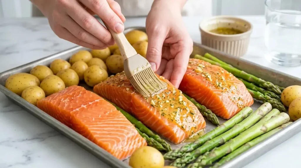 Brushing a rich garlic butter glaze onto raw center-cut salmon fillets on a sheet pan.