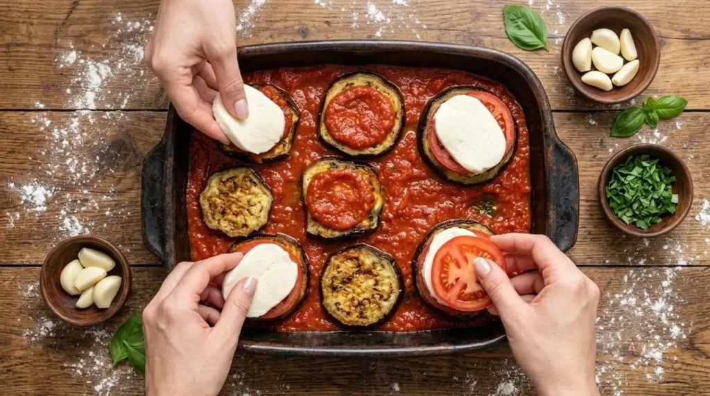 Step-by-step assembly of Eggplant Caprese Stacks showing roasted eggplant rounds topped with marinara sauce, tomato slices, and fresh mozzarella in a baking dish.