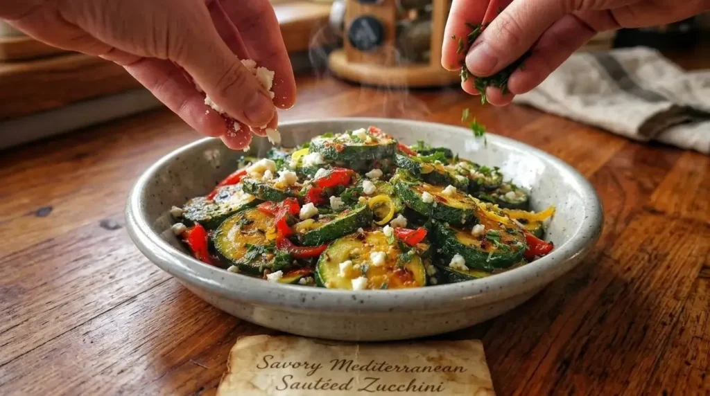 Sprinkling fresh feta cheese and chopped parsley over warm sautéed zucchini side dish.