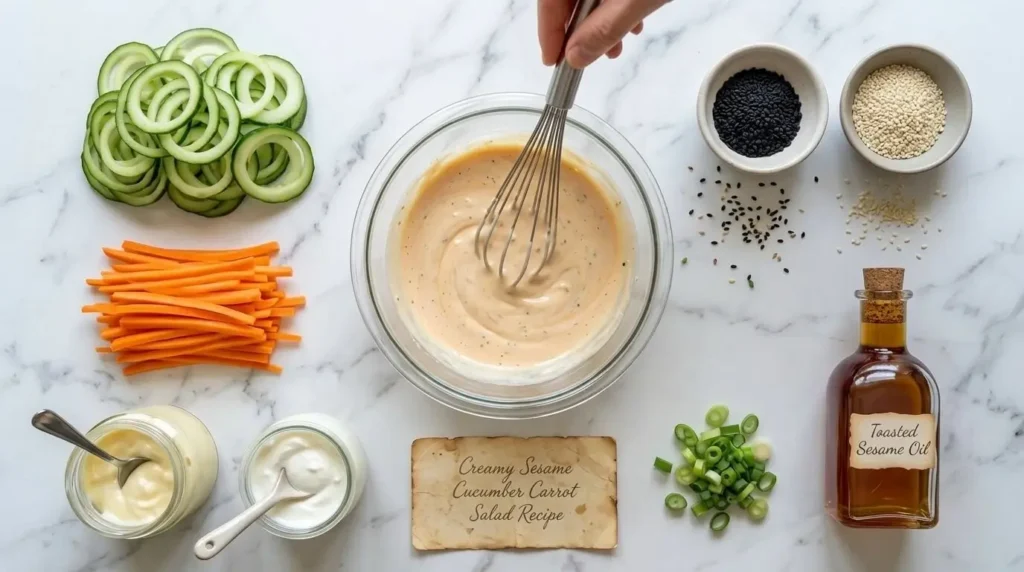 Fresh ingredients for making creamy sesame cucumber carrot salad including cucumbers, carrots, Greek yogurt, and sesame oil.