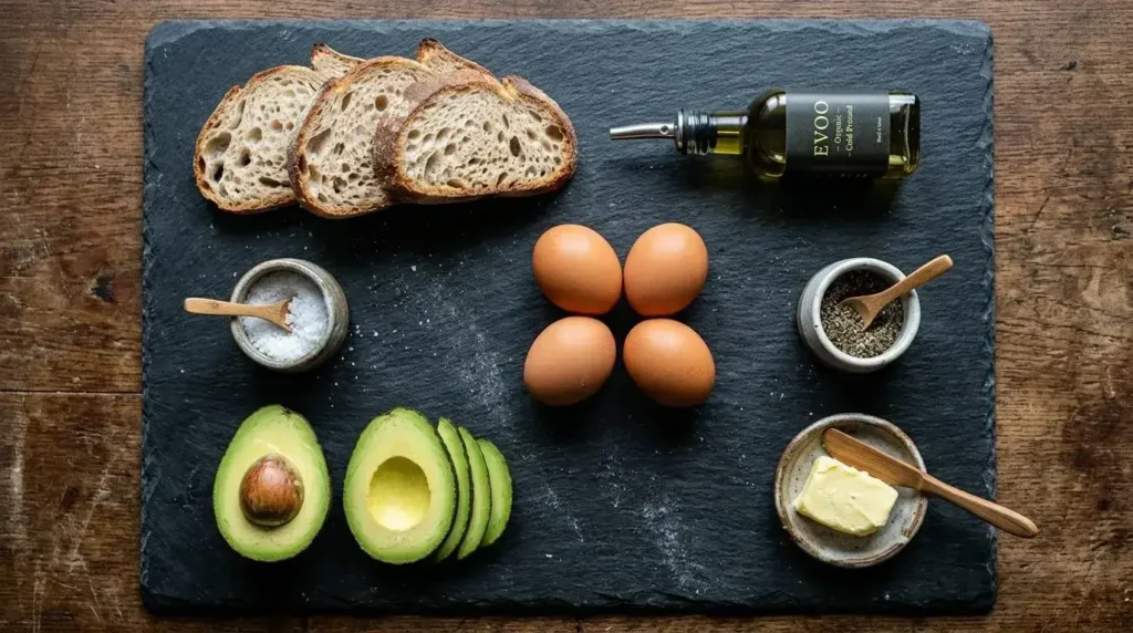 Ingredients for Avocado and Soft Scrambled Egg Toast Recipe.