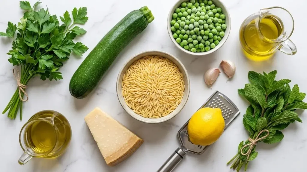 Raw ingredients for a healthy orzo dinner including fresh zucchini, peas, a whole lemon, garlic, fresh herbs, and extra virgin olive oil.