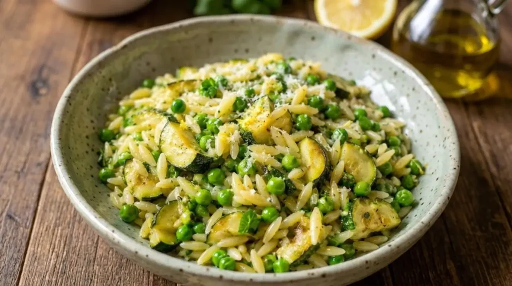 A vibrant bowl of Lemon Herb Orzo with Zucchini and Peas topped with fresh herbs and Parmigiano Reggiano cheese on a dark wood table.