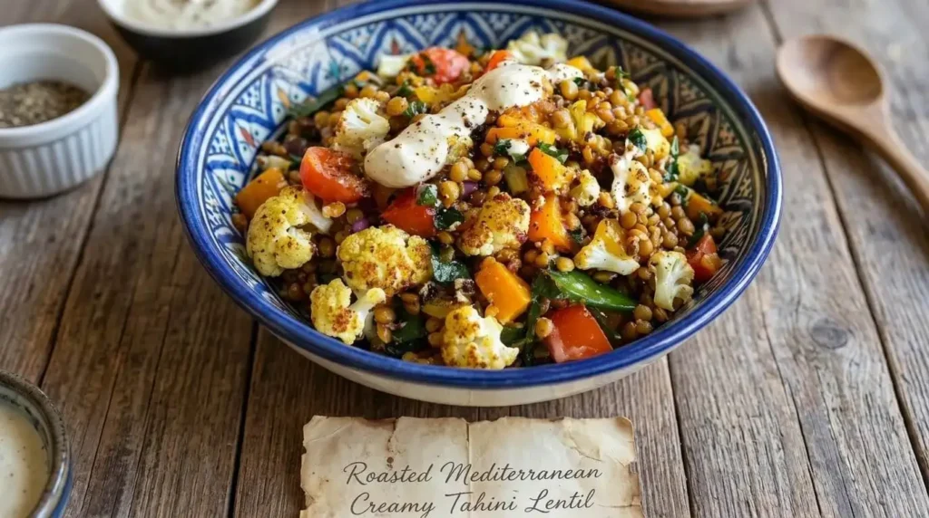 Roasted Mediterranean Creamy Tahini Lentil Salad Recipe served in a blue ceramic bowl with roasted cauliflower and creamy tahini sauce.