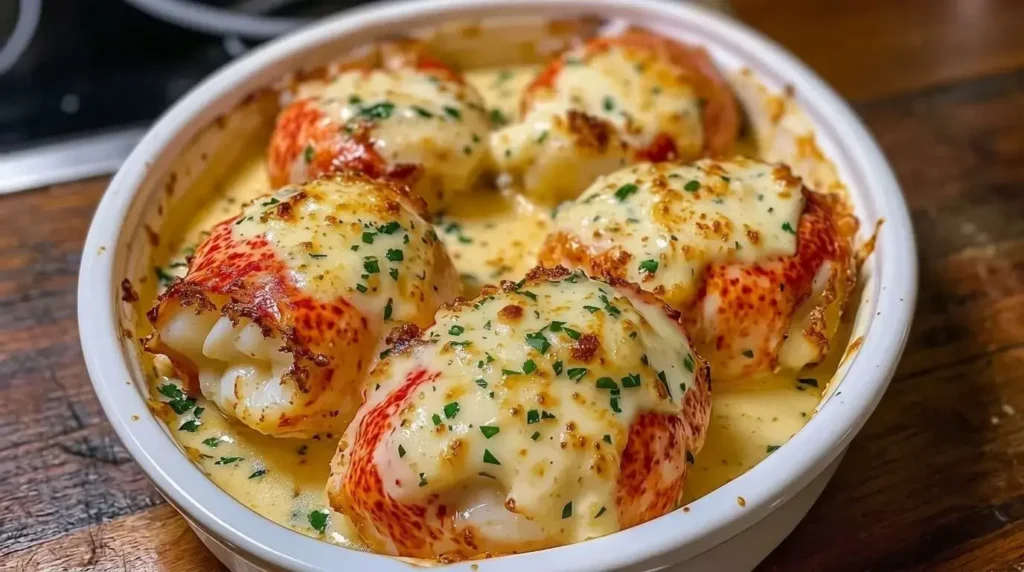 Broiled lobster tails in creamy garlic butter sauce topped with melted golden cheese and fresh parsley in a white dish.