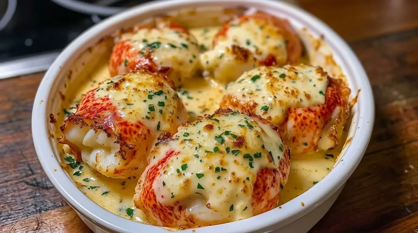 Broiled lobster tails in creamy garlic butter sauce topped with melted golden cheese and fresh parsley in a white dish.