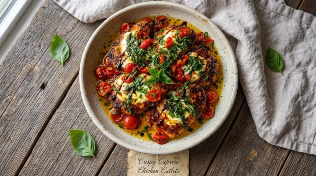 Crispy Caprese Chicken Cutlets with melted fresh mozzarella, blistered cherry tomatoes, and fresh basil ribbons in a cream ceramic dish.