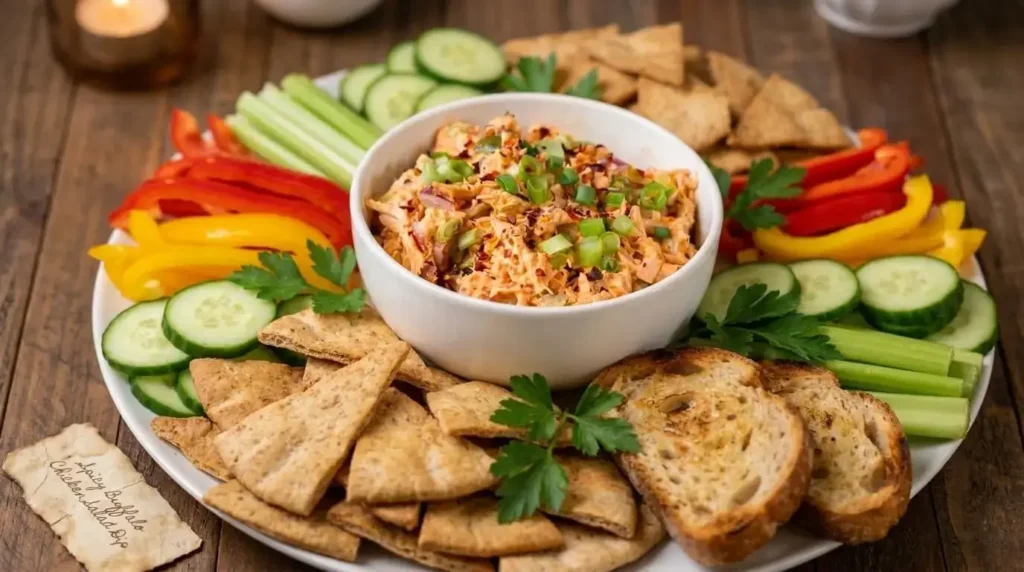 Party appetizer tray featuring a bowl of spicy buffalo chicken dip surrounded by pita chips, celery, and cucumber slices.
