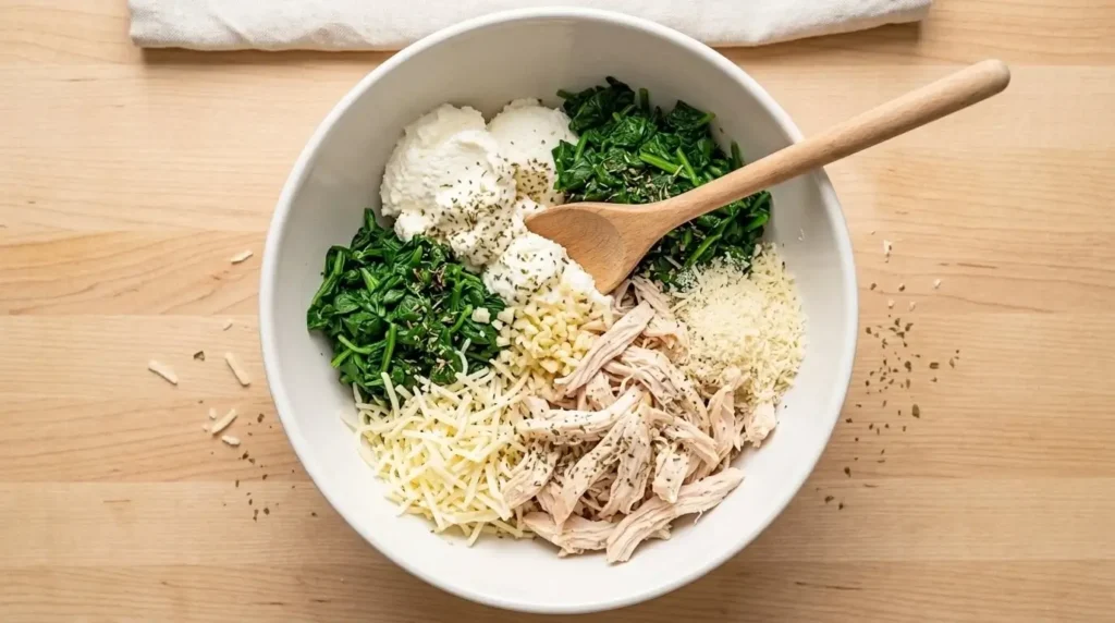 A white bowl containing shredded chicken, fresh spinach, creamy ricotta, and Italian herbs being mixed together.