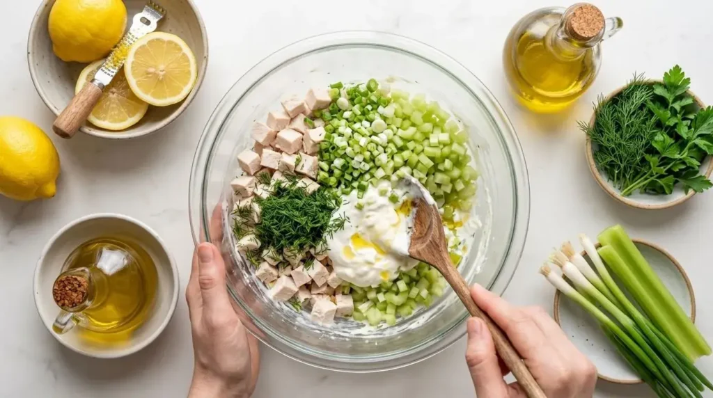 Hands mixing diced chicken breast, Greek yogurt, mayonnaise, and fresh dill in a glass bowl for chicken salad.