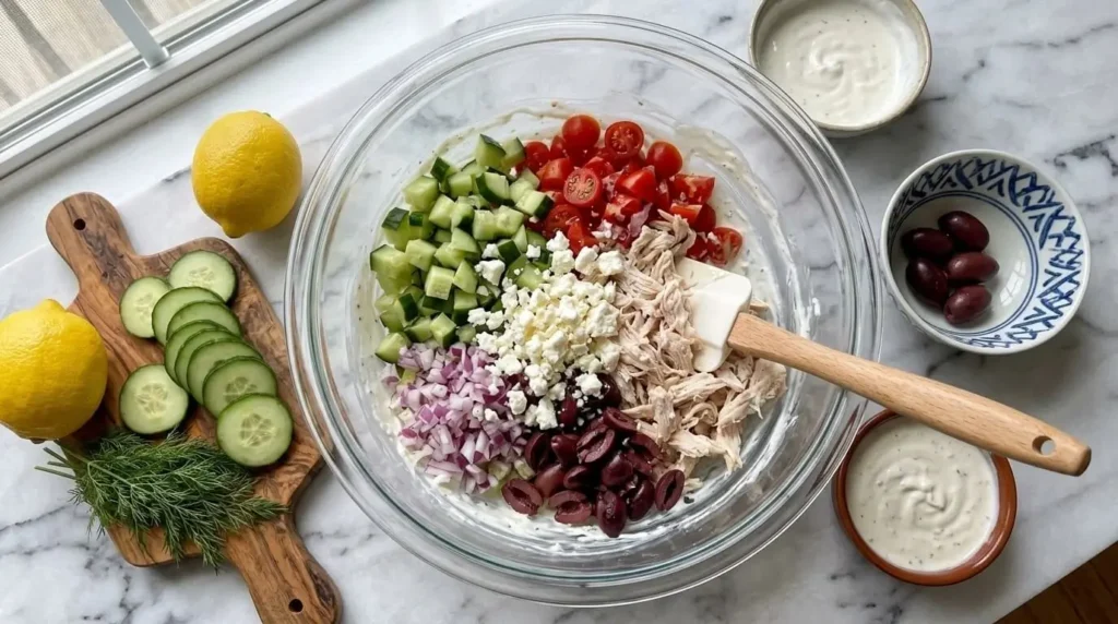 Ingredients for Mediterranean chicken salad being mixed together in a clear glass bowl on a marble counter.