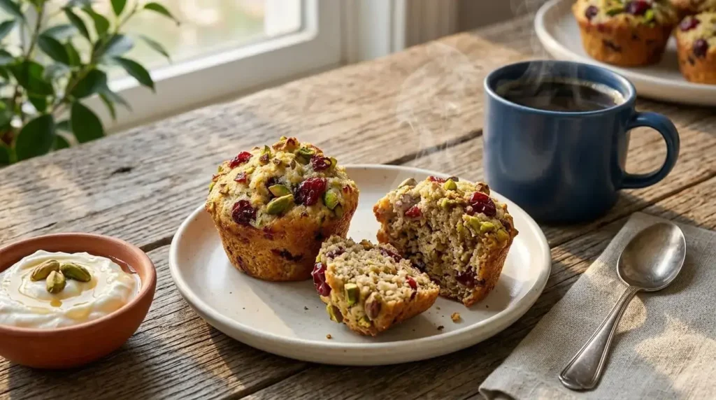 A cozy Mediterranean breakfast setup with No-Flour Pistachio Cherry Oat Muffins, Greek yogurt, and coffee.