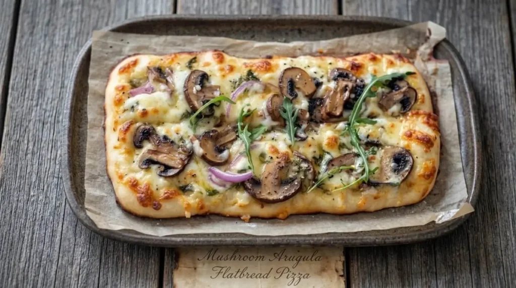 Mushroom Arugula Flatbread Pizza topped with sautéed cremini mushrooms, goat cheese, red onion, and fresh arugula on parchment paper.