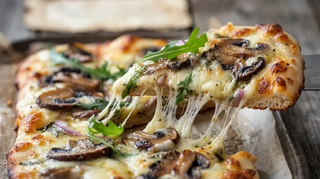 Slice of mushroom arugula flatbread pizza with melted cheese stretch, sautéed mushrooms, and fresh greens.