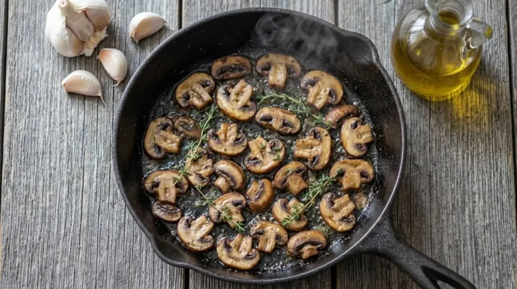 Sautéing sliced cremini mushrooms in a skillet with olive oil and fresh thyme for flatbread pizza topping.