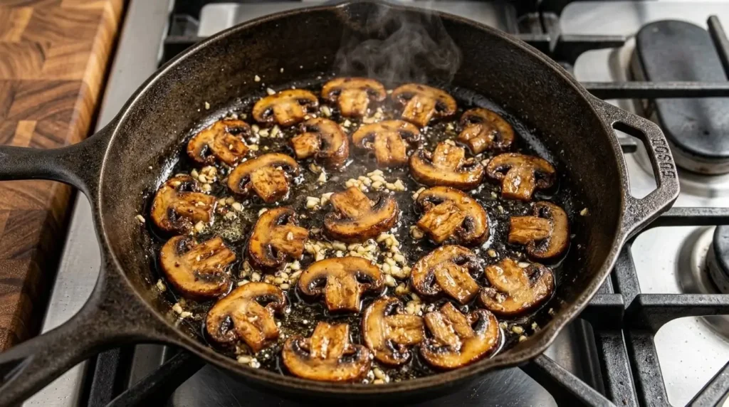 Cremini mushrooms searing in a single layer with olive oil and minced garlic in a cast-iron skillet.