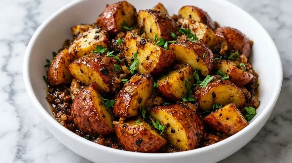 A close-up, high-angle culinary food photo of Slow Cooker Onion Butter Potatoes served in a clean white porcelain bowl. Glossy red potato wedges glistened with a rich, caramelized sweet onion and garlic glaze, finely speckled with dark cracked black pepper and fresh green chopped flat-leaf parsley. Soft natural side lighting, marble countertop background, professional editorial food photography styling, vibrant color, sharp focus on texture.